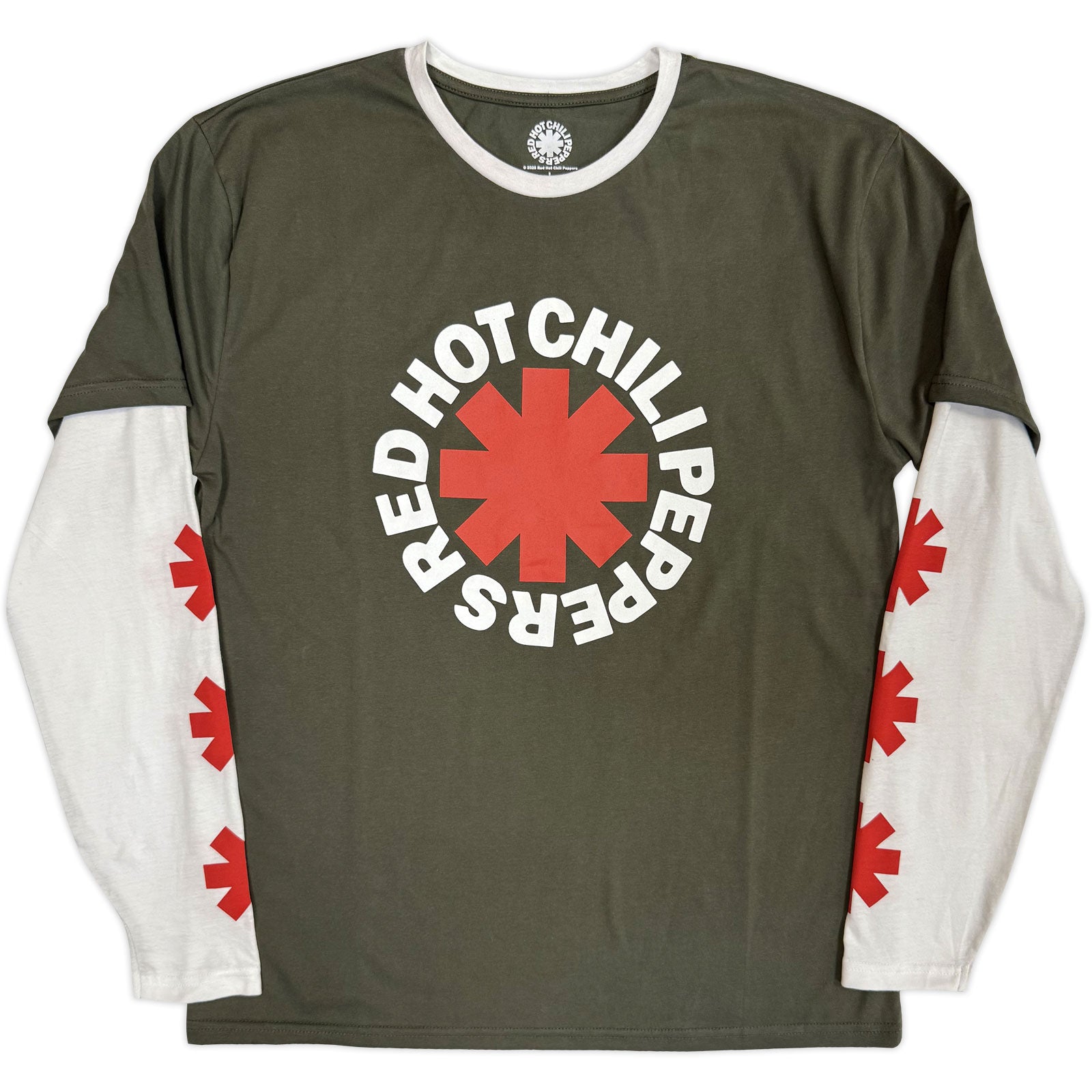 Red Hot Chili Peppers Unisex Layered Long Sleeve T-Shirt: Classic Asterisk (Green & White) (Sleeve Print)