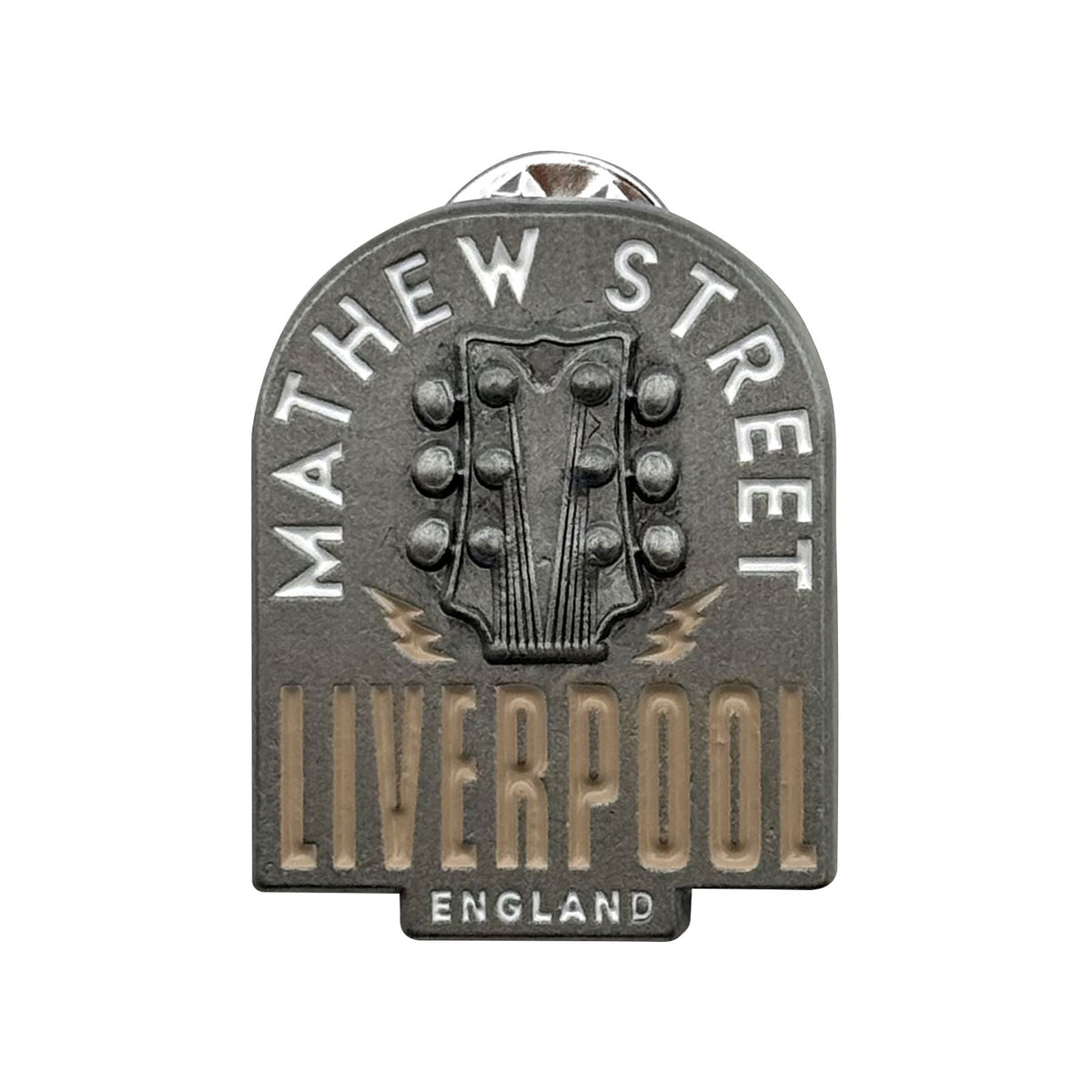 Rock Off Pin Badge: Mathew Street Guitar