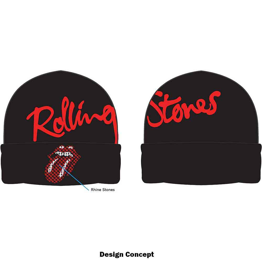 The Rolling Stones Unisex Beanie Hat: Embellished Classic Tongue (Black) (Back Print)