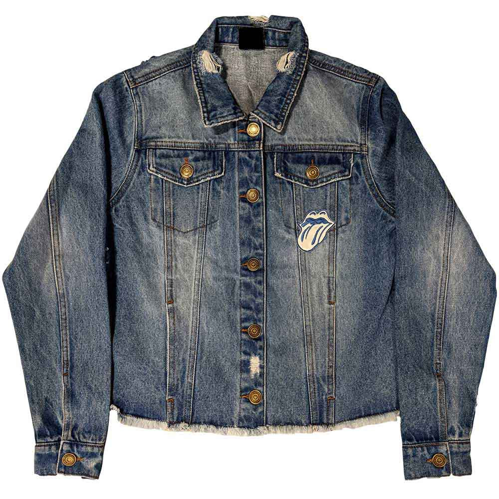 The Rolling Stones Ladies Denim Jacket: Script (Light Denim Blue) (Back Print)