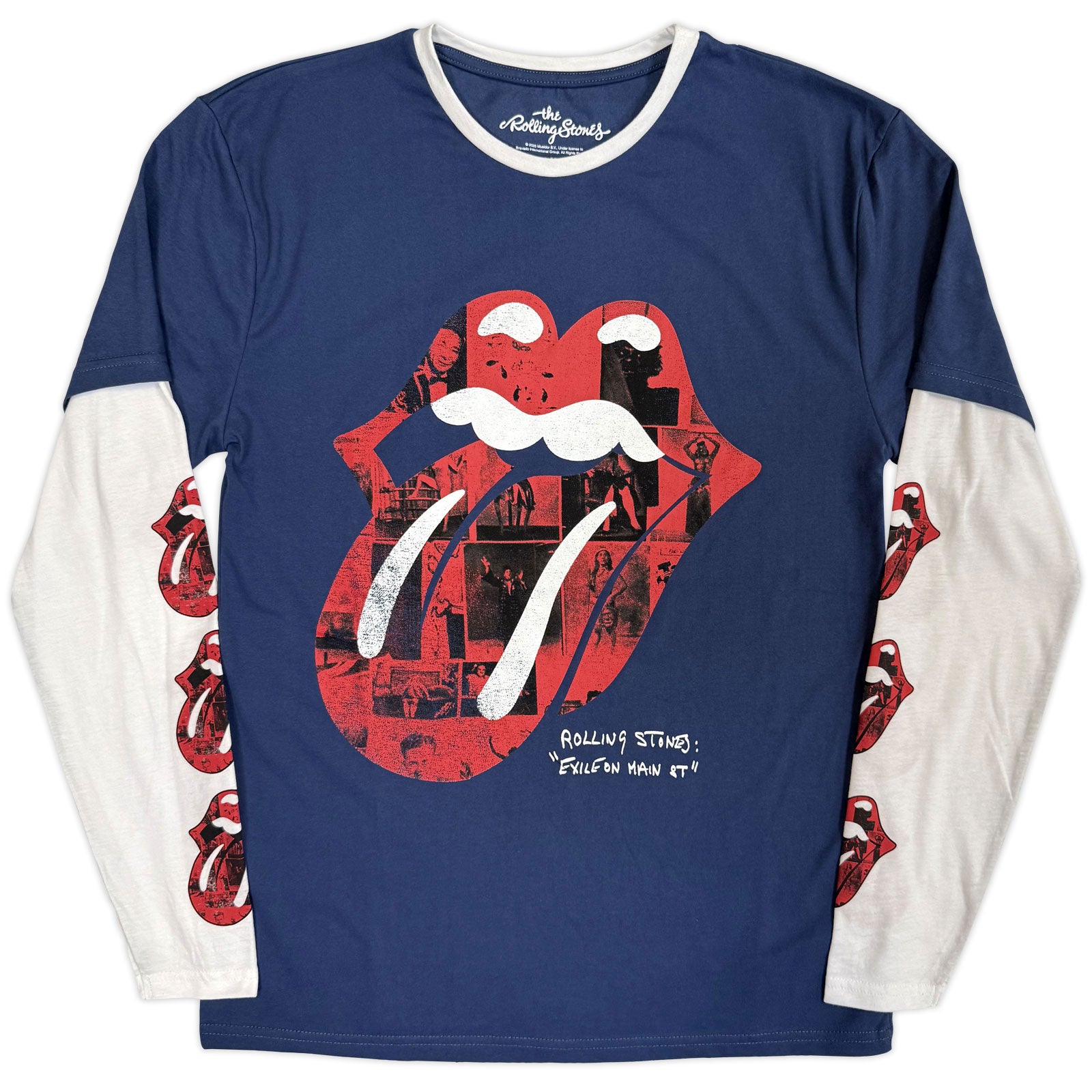 The Rolling Stones Unisex Layered Long Sleeve T-Shirt: Collage Tongue (Denim Blue & White) (Sleeve Print)