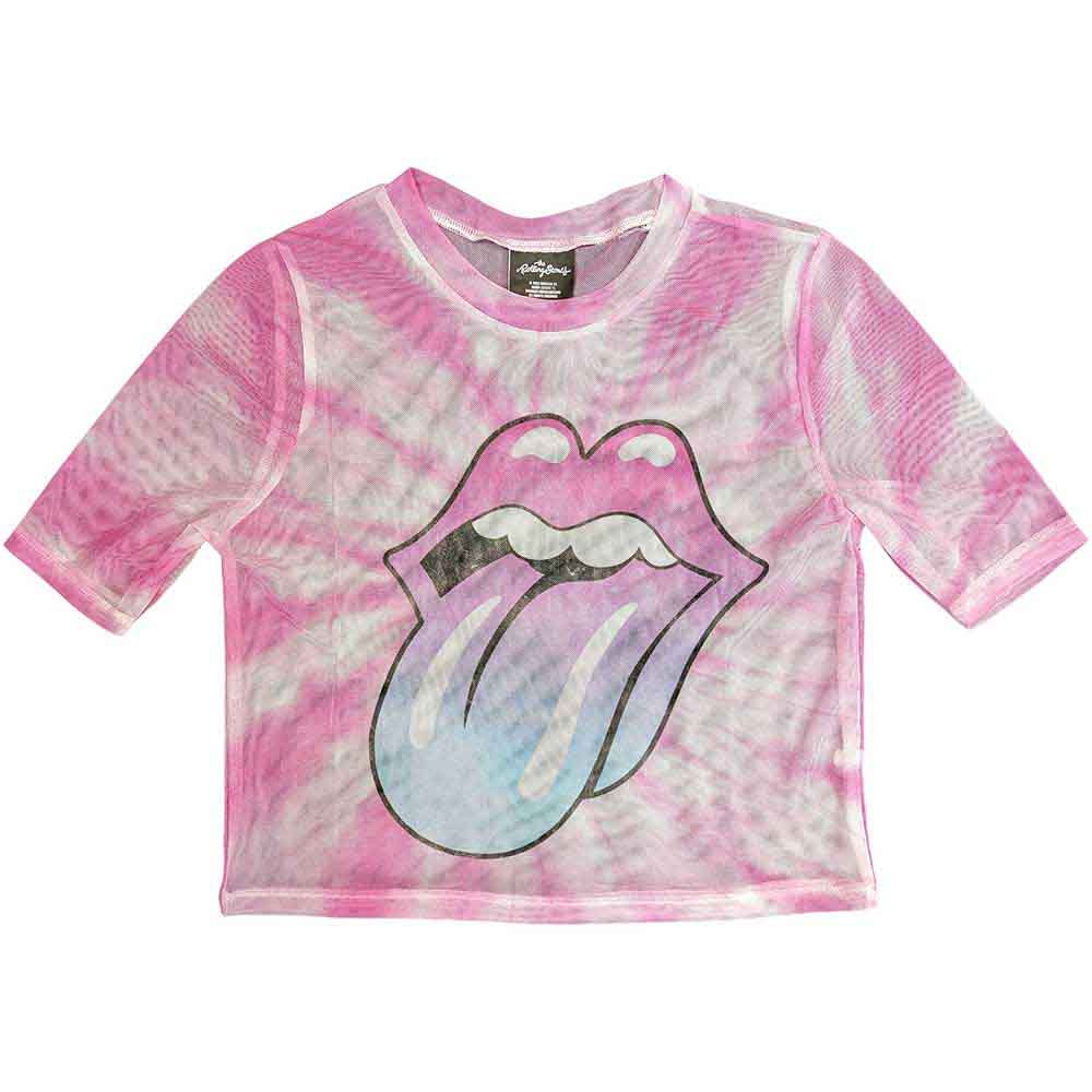 The Rolling Stones Ladies Mesh Crop Top: Pink Gradient Tongue (White)