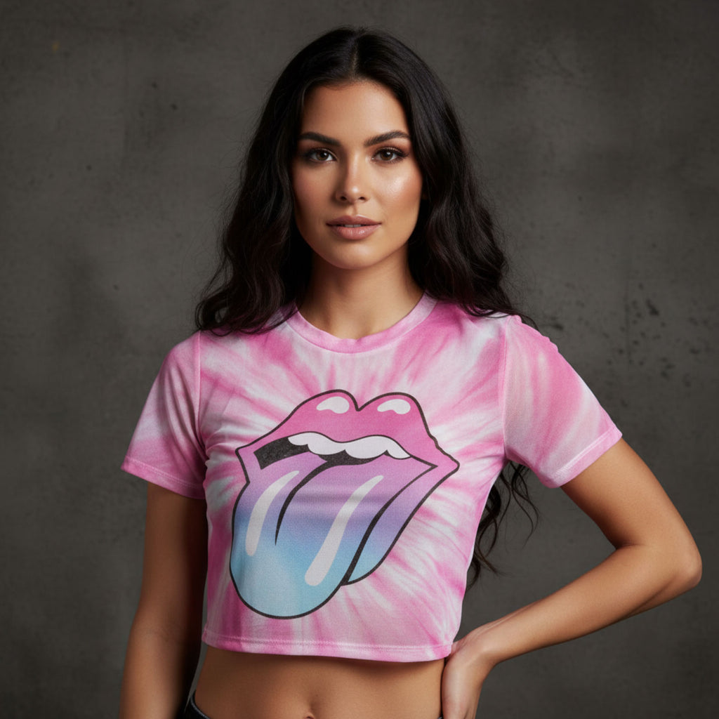 The Rolling Stones Ladies Mesh Crop Top: Pink Gradient Tongue (White)