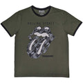 The Rolling Stones Unisex Ringer T-Shirt: Black & White Tongue (Khaki Green)