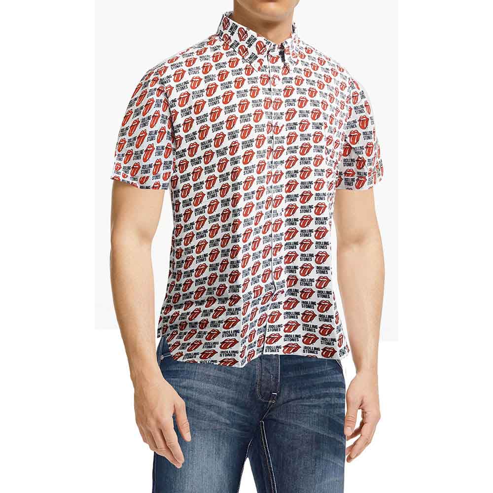 The Rolling Stones Unisex Casual Shirt: Tongue and Text (White) (All Over Print)