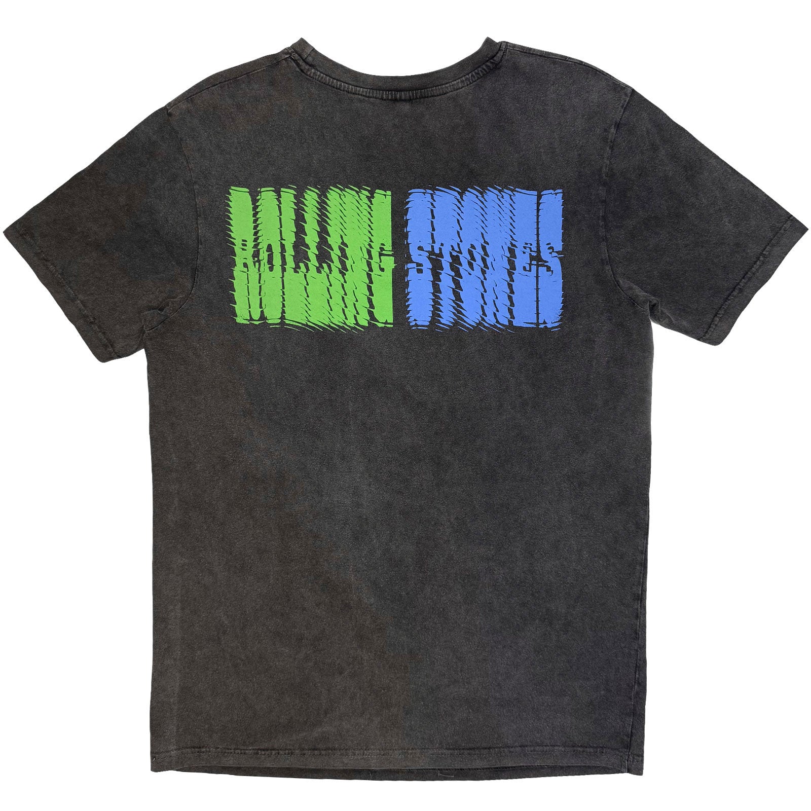 The Rolling Stones Unisex Stone Wash T-Shirt: Distorted Tongue (Charcoal Grey) (Back Print)