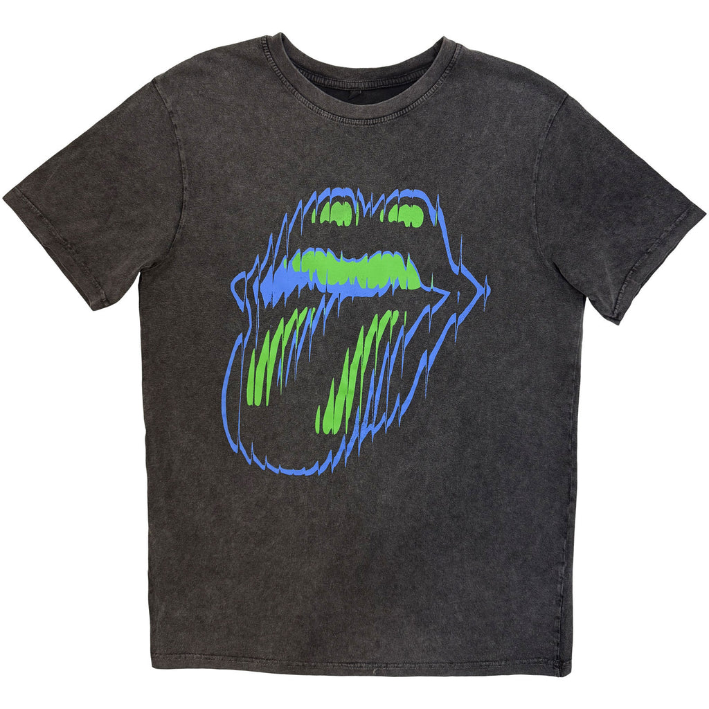 The Rolling Stones Unisex Stone Wash T-Shirt: Distorted Tongue (Charcoal Grey) (Back Print)