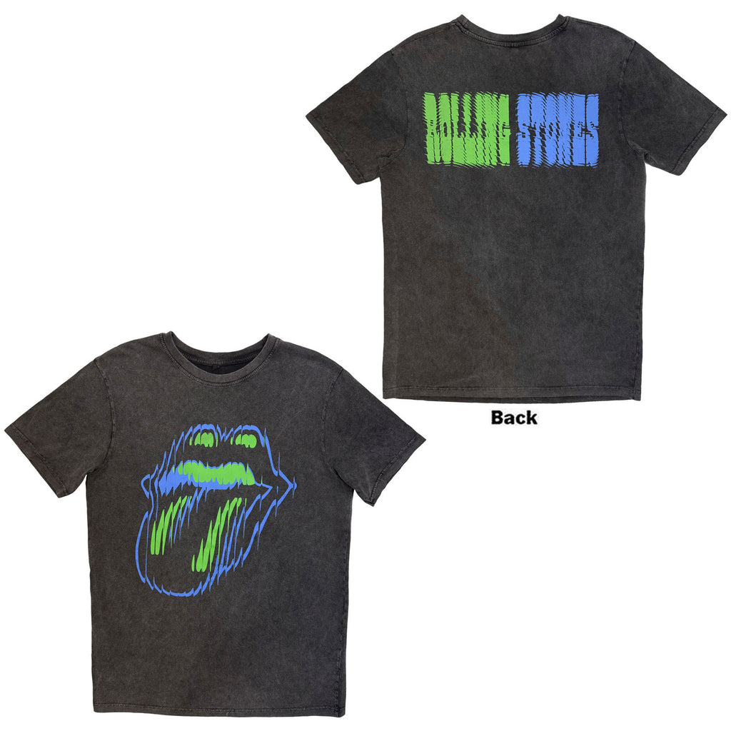 The Rolling Stones Unisex Stone Wash T-Shirt: Distorted Tongue (Charcoal Grey) (Back Print)