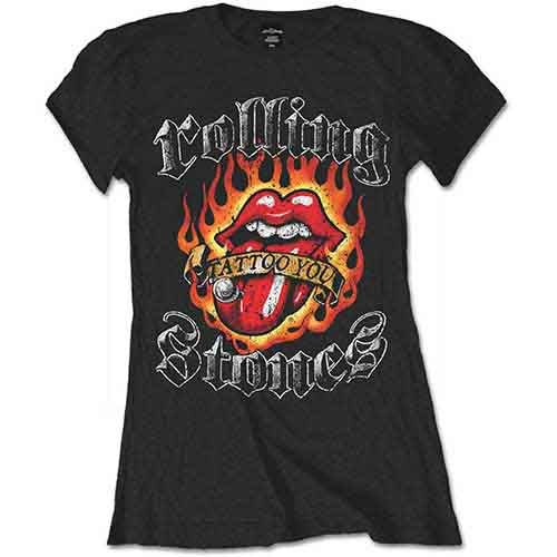 The Rolling Stones Ladies T-Shirt: Flaming Tattoo Tongue (Black)