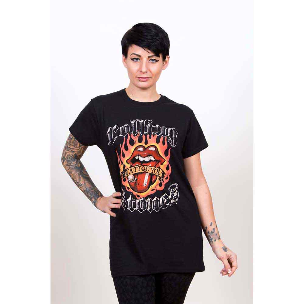 The Rolling Stones Unisex T-Shirt: Flaming Tattoo Tongue (Black)