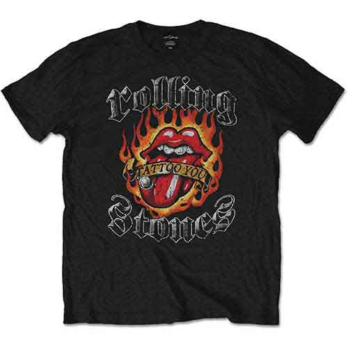 The Rolling Stones Unisex T-Shirt: Flaming Tattoo Tongue (Black)