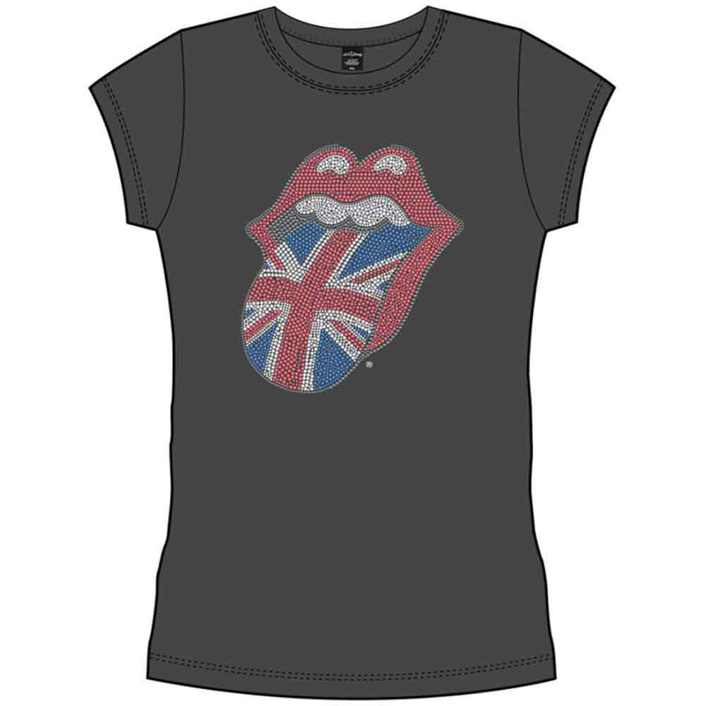 The Rolling Stones Ladies T-Shirt: Classic UK Tongue (Charcoal Grey) (Embellished)