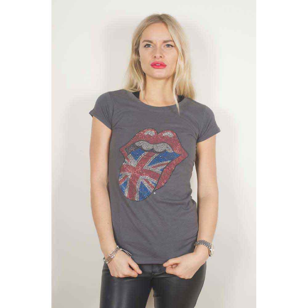 The Rolling Stones Ladies T-Shirt: Classic UK Tongue (Charcoal Grey) (Embellished)