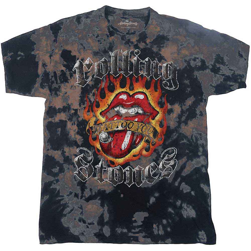 The Rolling Stones Unisex T-Shirt: Tattoo Flames (Dip-Dye On Grey) (Wash Collection)