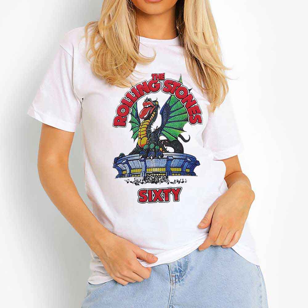 The Rolling Stones Ladies T-Shirt: Sixty Stadium Dragon (White) (Embellished)