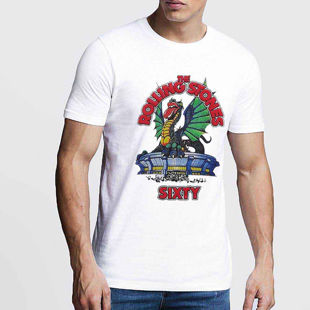 The Rolling Stones Unisex T-Shirt: Sixty Stadium Dragon (White) (Embellished)