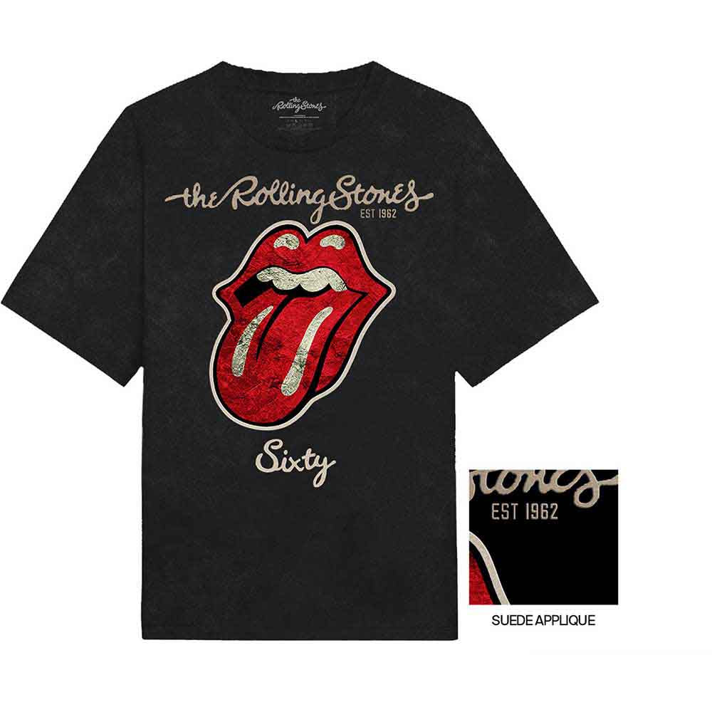 The Rolling Stones Unisex T-Shirt: Sixty Plastered Tongue (Black) (Embellished)