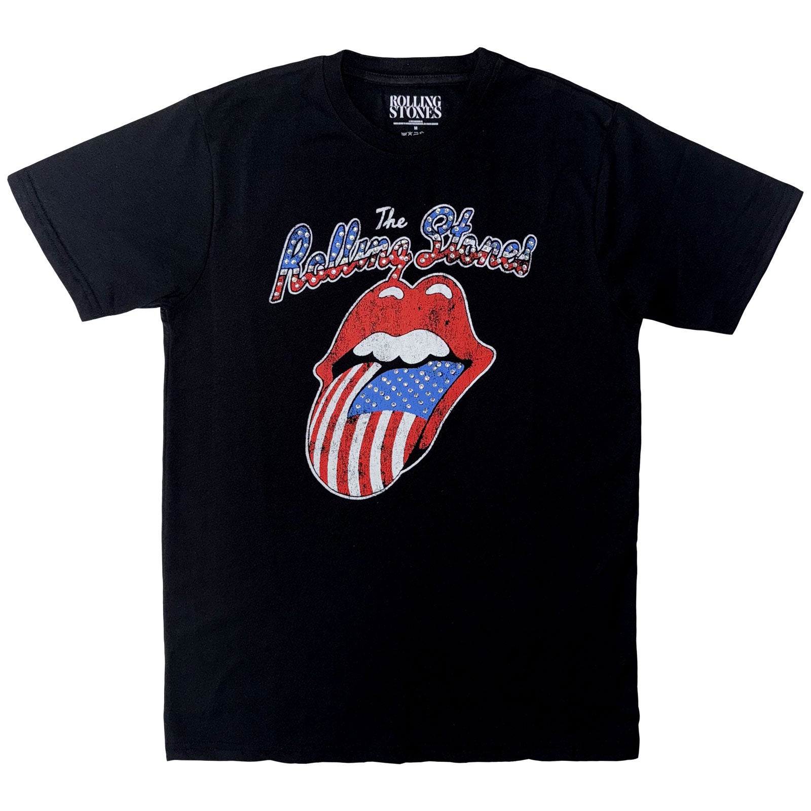 The Rolling Stones Unisex T-Shirt: USA Tongue (Black) (Embellished)