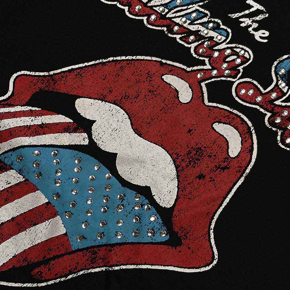 The Rolling Stones Unisex T-Shirt: USA Tongue (Black) (Embellished)