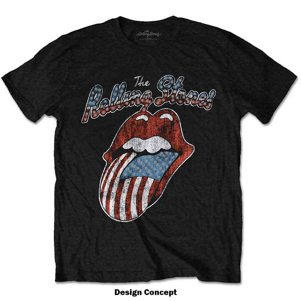 The Rolling Stones Unisex T-Shirt: USA Tongue (Black) (Embellished)