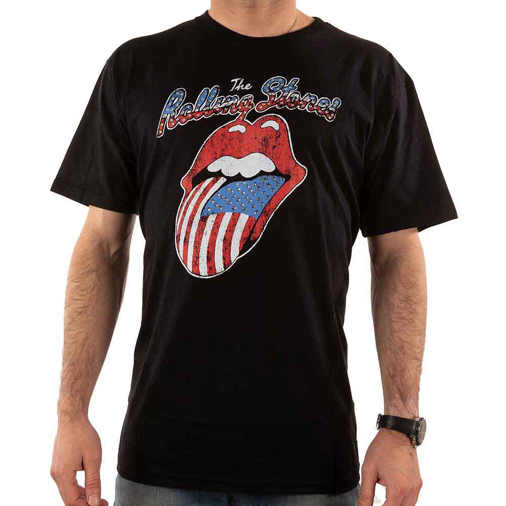 The Rolling Stones Unisex T-Shirt: USA Tongue (Black) (Embellished)