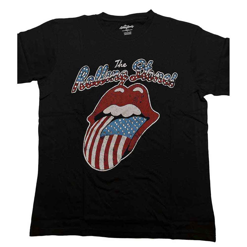 The Rolling Stones Unisex T-Shirt: USA Tongue (Black) (Embellished)