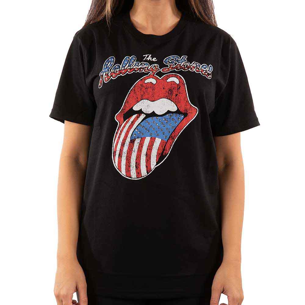 The Rolling Stones Unisex T-Shirt: USA Tongue (Black) (Embellished)