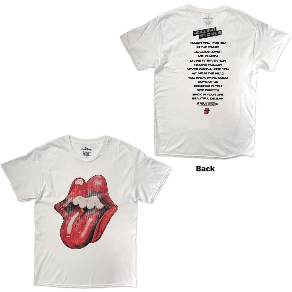The Rolling Stones Unisex T-Shirt: Foreign Tongues Tracklist (White) (Back Print)