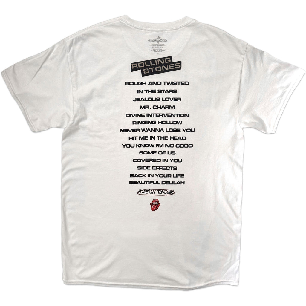 The Rolling Stones Unisex T-Shirt: Foreign Tongues Tracklist (White) (Back Print)