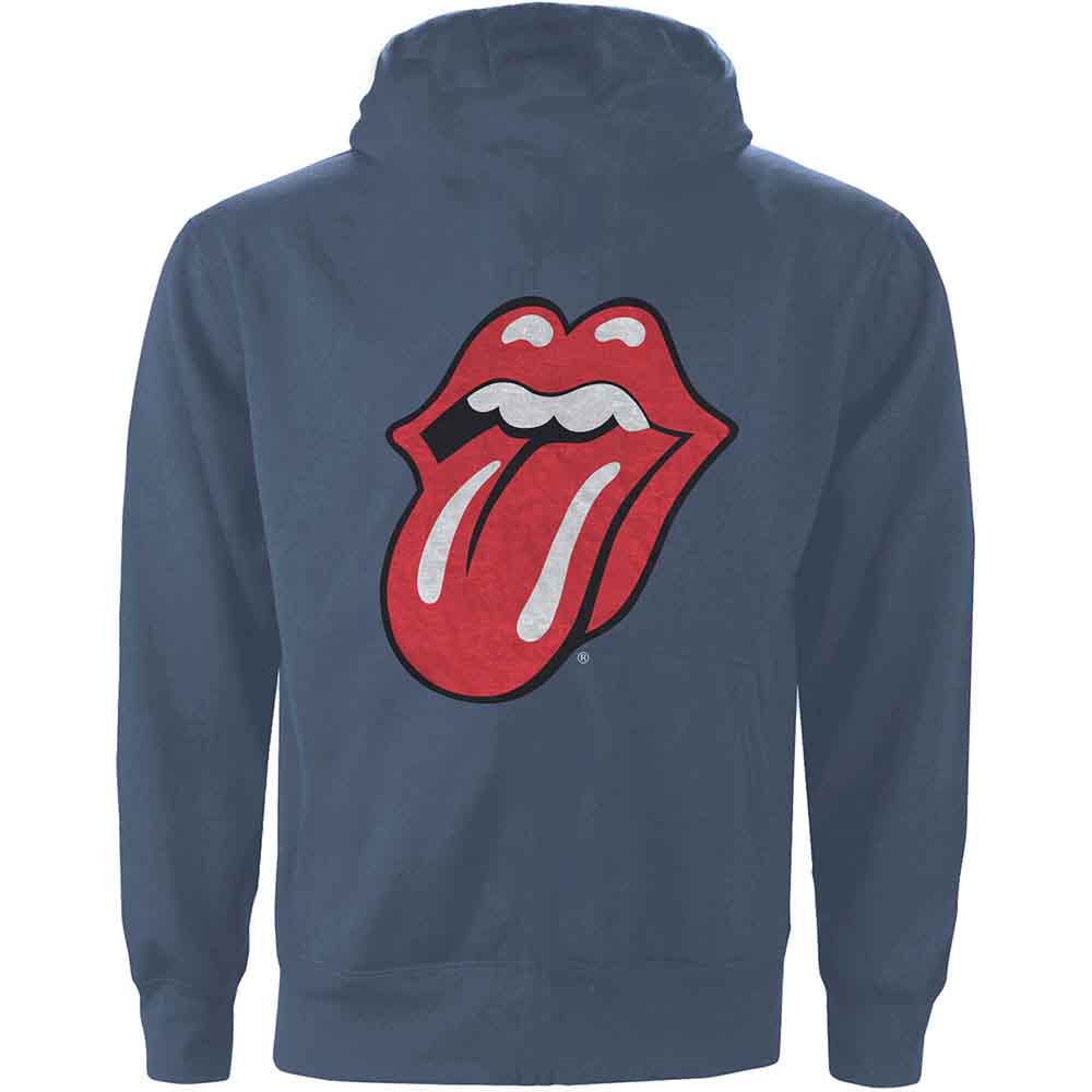 The Rolling Stones Unisex Zipped Hoodie: Classic Tongue (Petrol Blue) (Back Print)