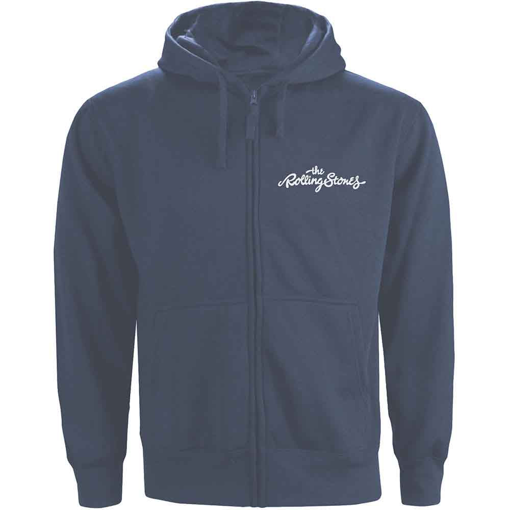 The Rolling Stones Unisex Zipped Hoodie: Classic Tongue (Petrol Blue) (Back Print)