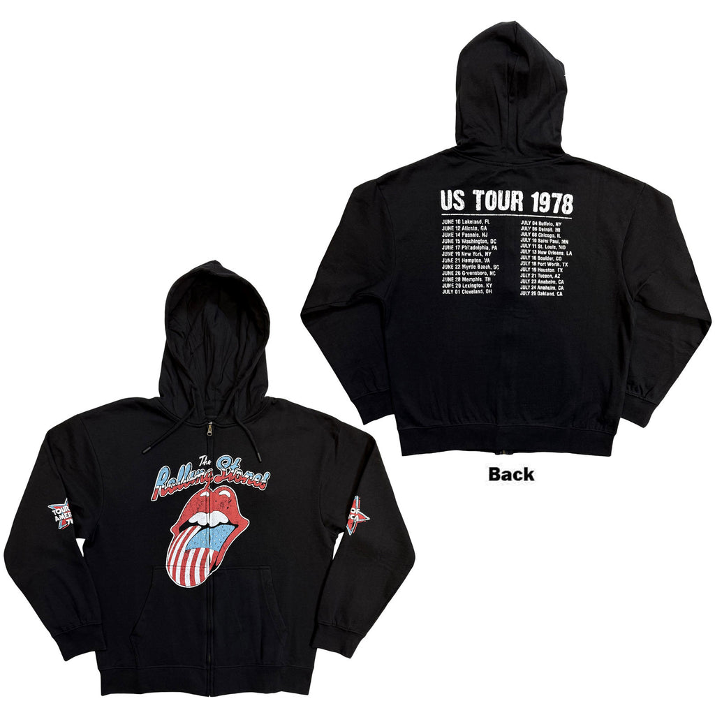 The Rolling Stones Unisex Zipped Hoodie: Us Tour '78 (Black) (Back Print)