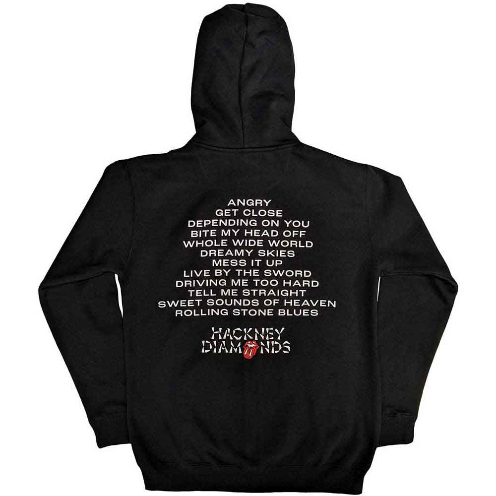 The Rolling Stones Unisex Zipped Hoodie: Hackney Diamonds Tracklist (Black) (Back Print)