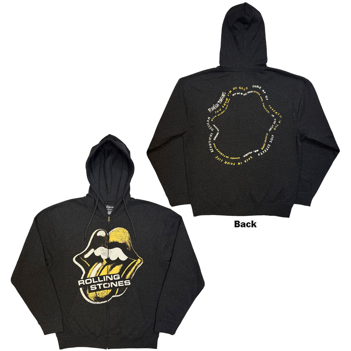 The Rolling Stones Unisex Zipped Hoodie: Foreign Tongues Tracks (Charcoal Grey) (Back Print)