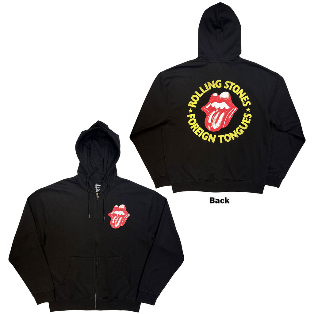The Rolling Stones Unisex Zipped Hoodie: Foreign Tongues Circle (Black) (Back Print)