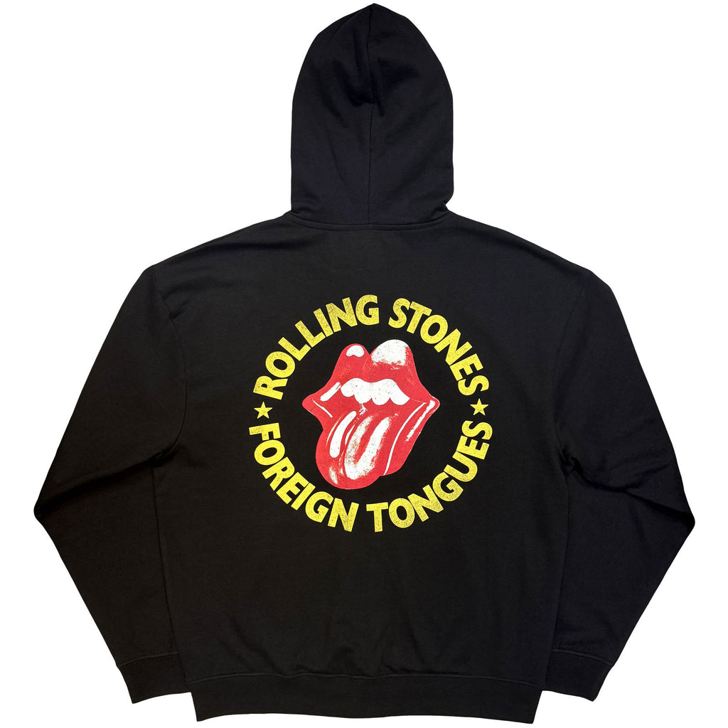 The Rolling Stones Unisex Zipped Hoodie: Foreign Tongues Circle (Black) (Back Print)