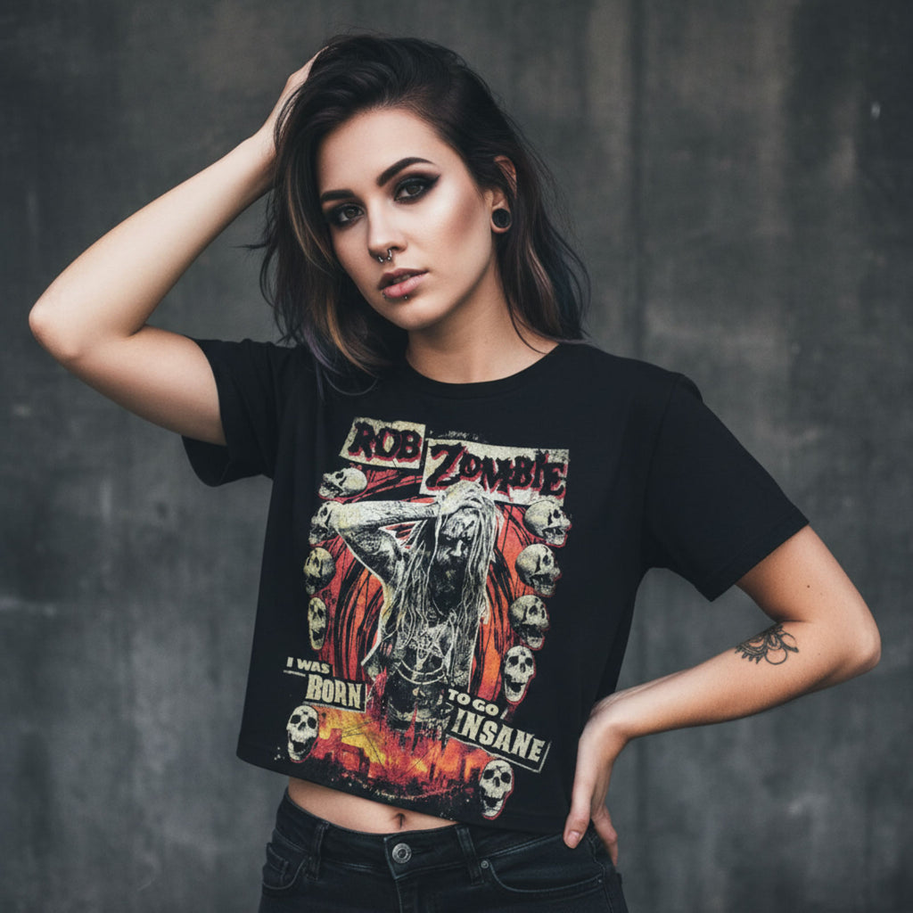 Rob Zombie Ladies Crop Top: Born To Go Insane (Black)