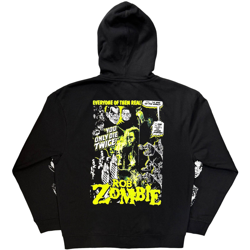 Rob Zombie Unisex Zipped Hoodie: Die Twice (Black) (Back & Sleeve Print)
