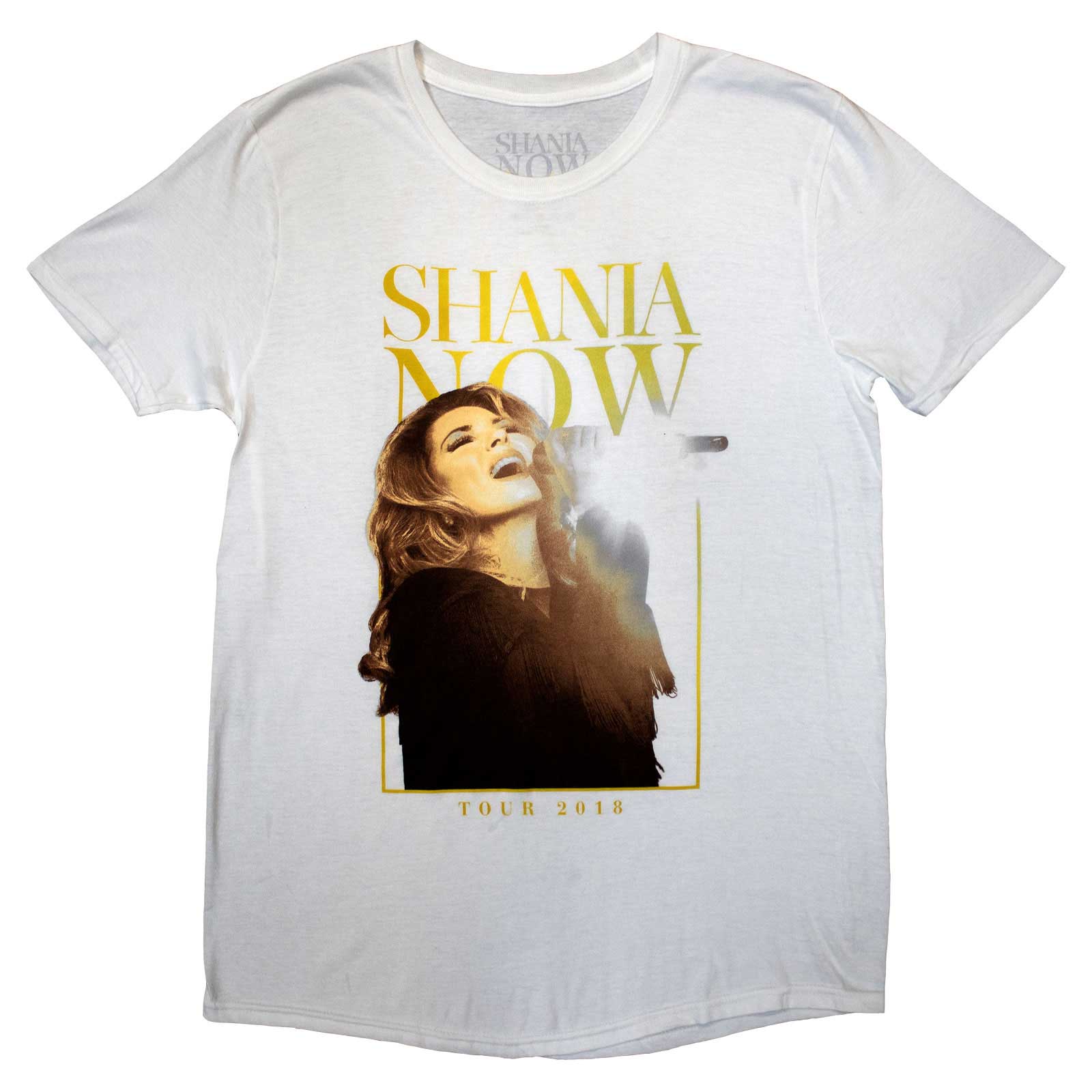Shania Twain Unisex T-Shirt: Tour 2018 Mic Photo (White) (Back Print & Ex-Tour)
