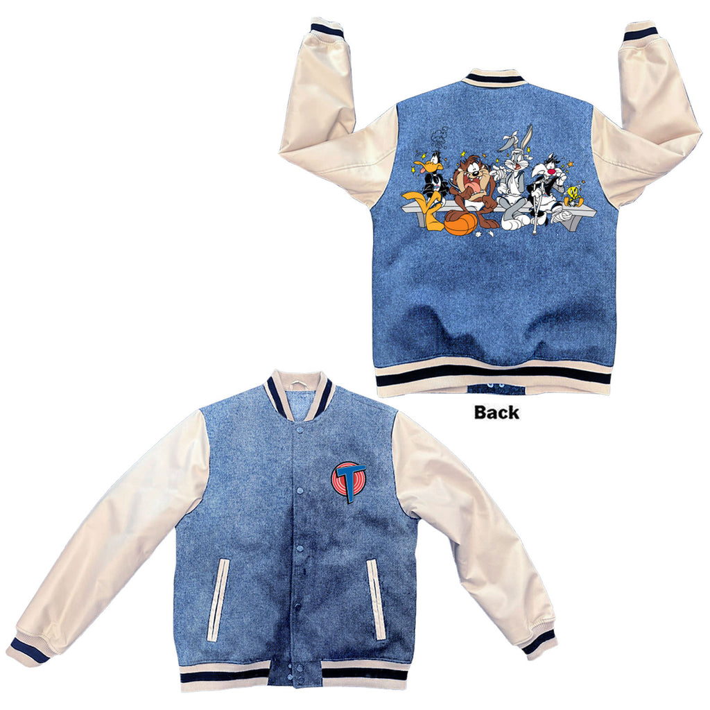 Space Jam Unisex Varsity Jacket: Bench Warmers Washed (Denim White) (Back Print)