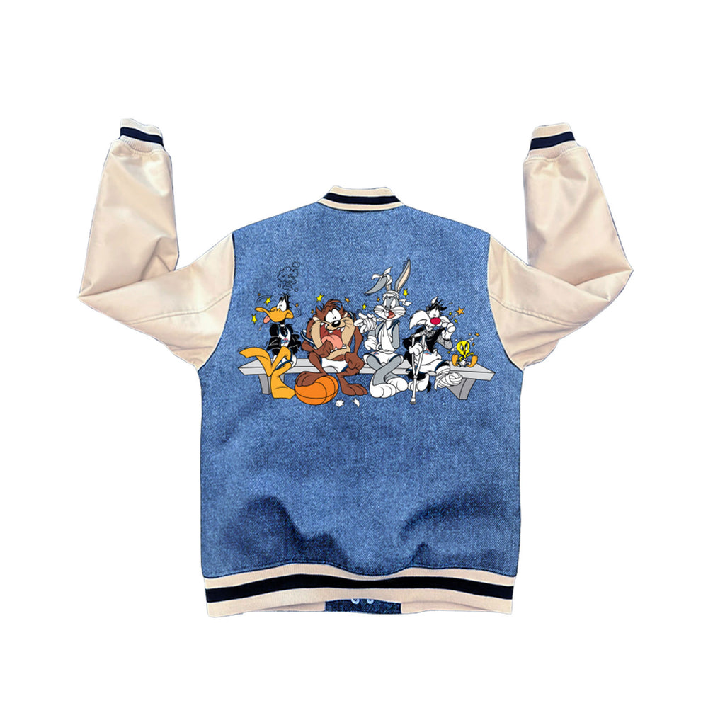 Space Jam Unisex Varsity Jacket: Bench Warmers Washed (Denim White) (Back Print)