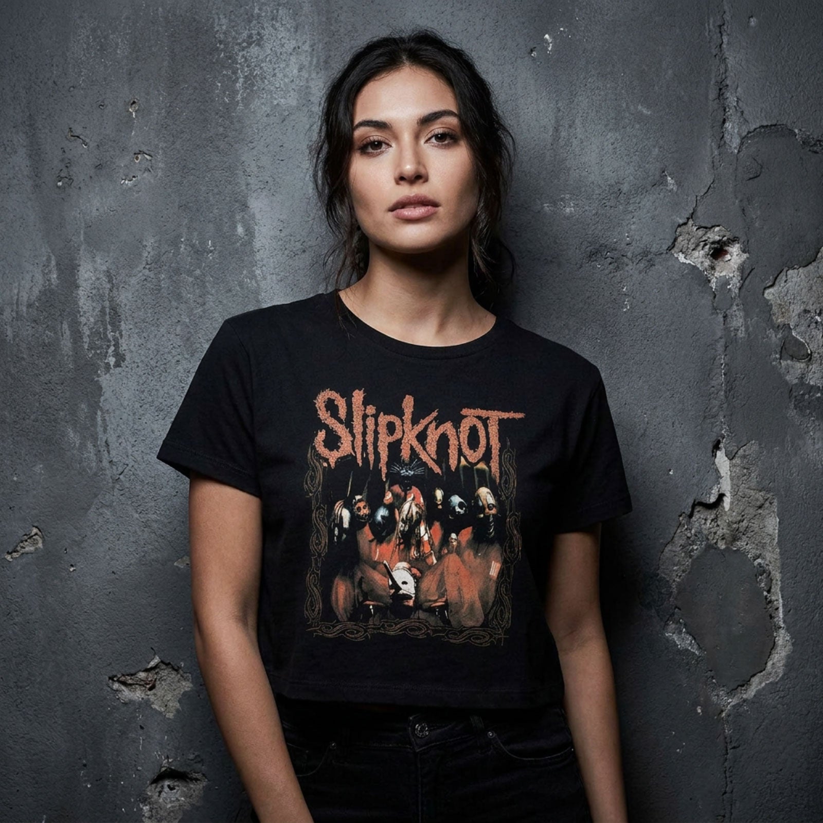 Slipknot Ladies Crop Top: Band Frame (Black) (Back Print)