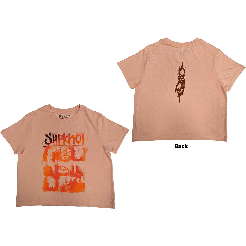 Slipknot Ladies Crop Top: The End, So Far Faces Grid (Pink) (Back Print)