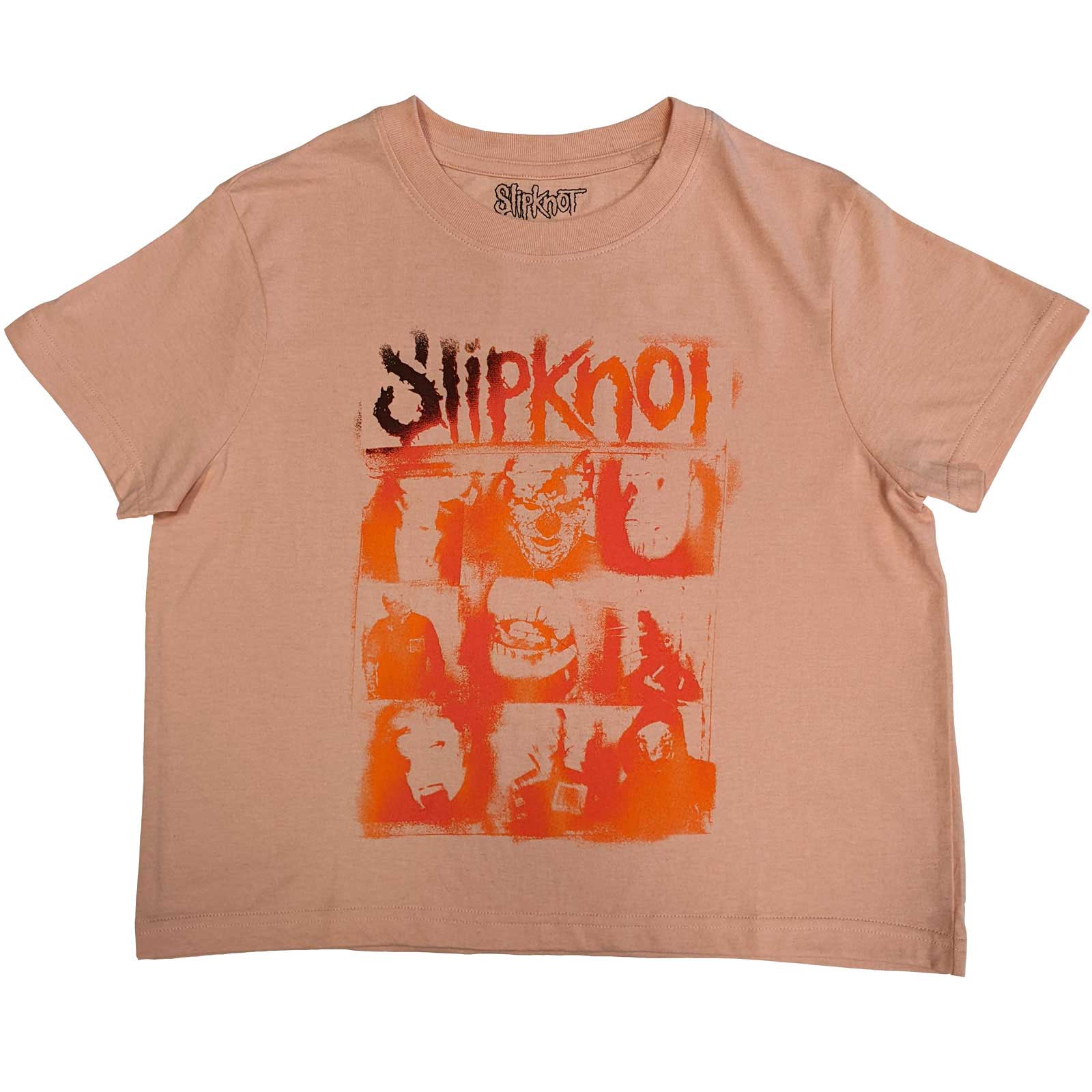 Slipknot Ladies Crop Top: The End, So Far Faces Grid (Pink) (Back Print)