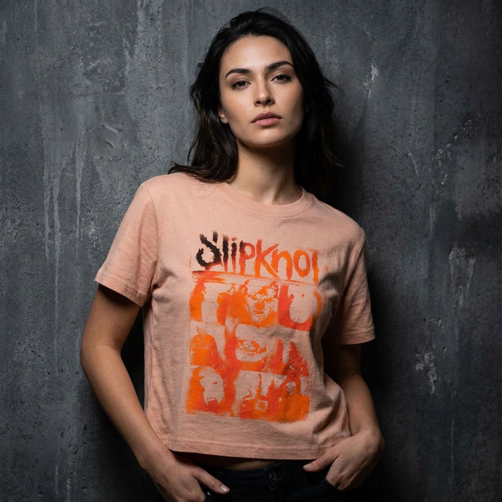 Slipknot Ladies Crop Top: The End, So Far Faces Grid (Pink) (Back Print)