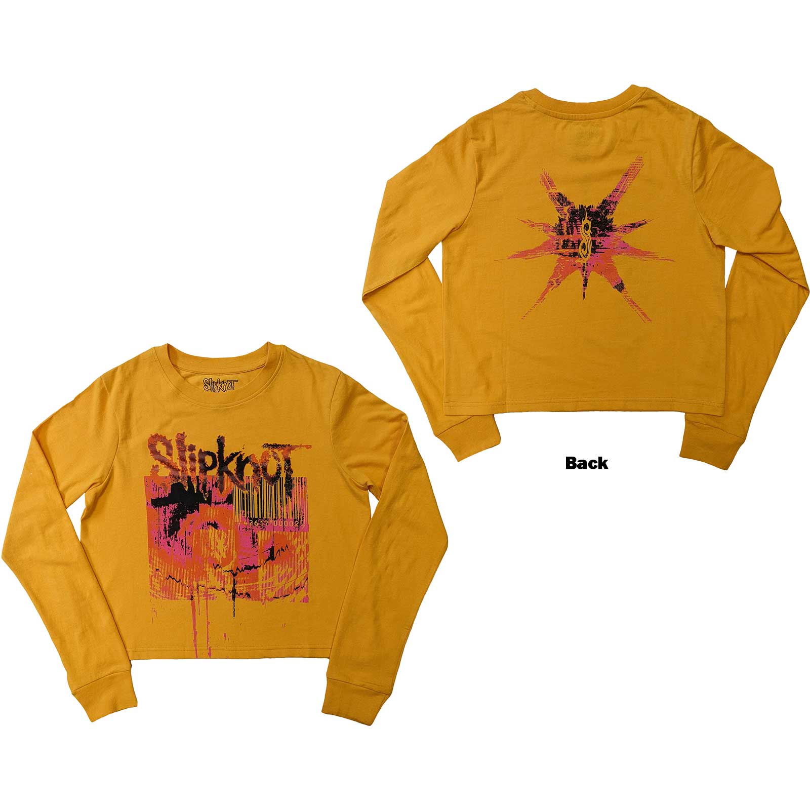 Slipknot Ladies Long Sleeve Crop Top: The End, So Far Barcode (Yellow) (Back Print)