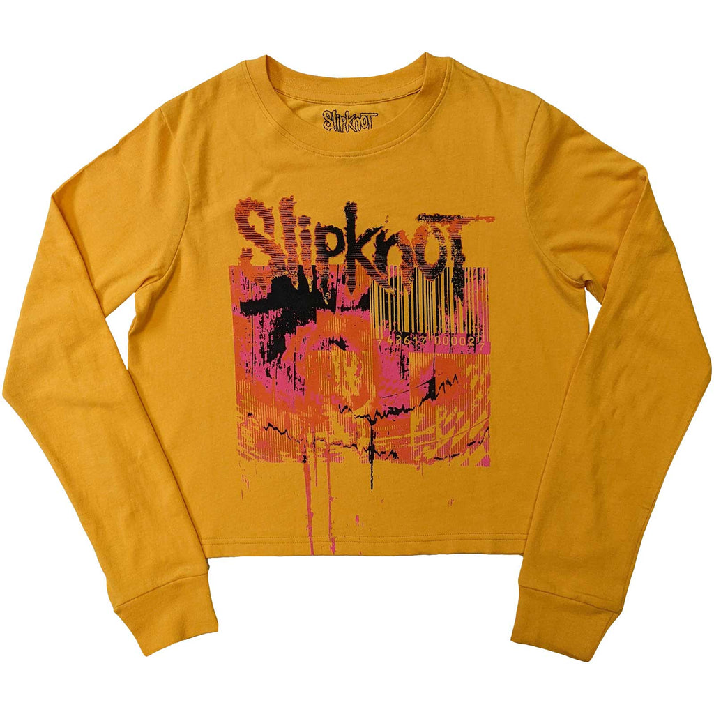 Slipknot Ladies Long Sleeve Crop Top: The End, So Far Barcode (Yellow) (Back Print)
