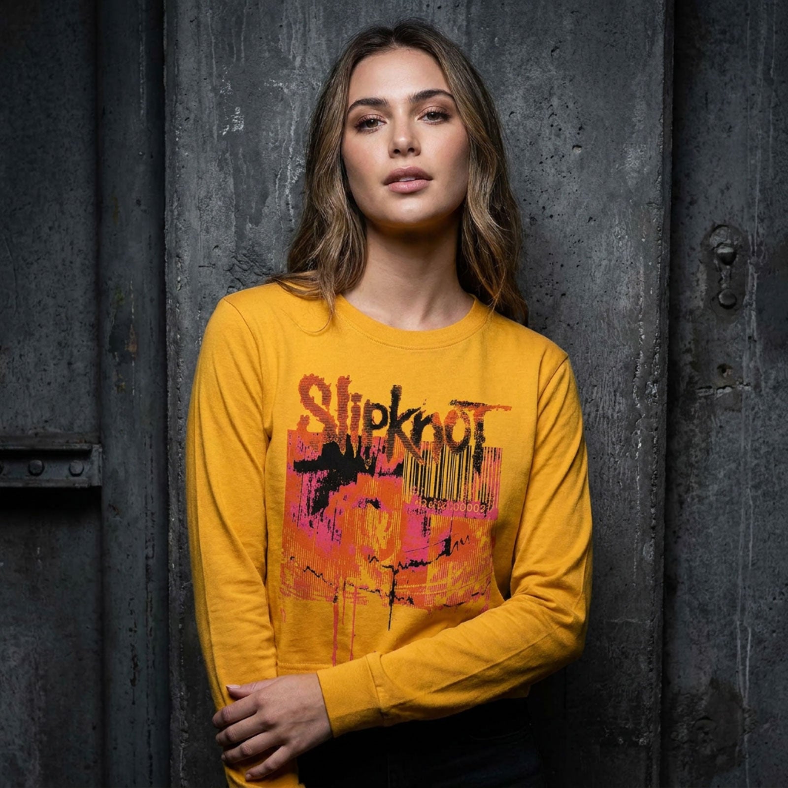 Slipknot Ladies Long Sleeve Crop Top: The End, So Far Barcode (Yellow) (Back Print)