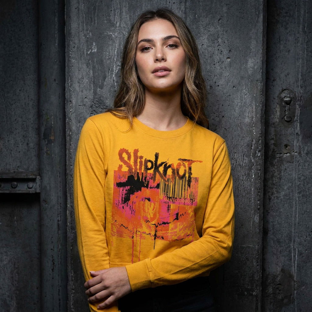 Slipknot Ladies Long Sleeve Crop Top: The End, So Far Barcode (Yellow) (Back Print)