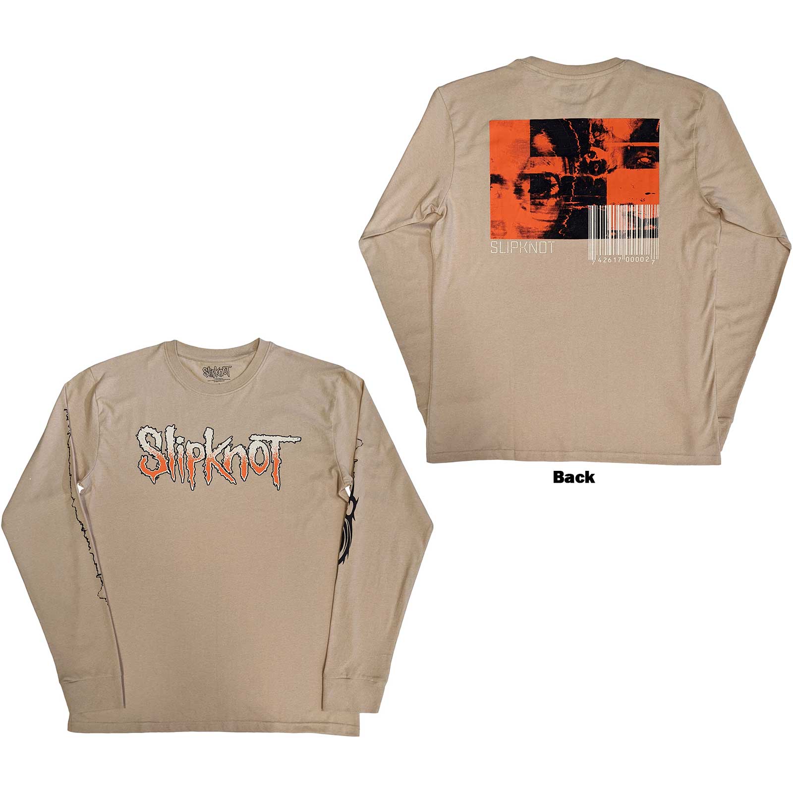 Slipknot Unisex Long Sleeve T-Shirt: The End, So Far Logo Barcode (Sand) (Back & Sleeve Print)